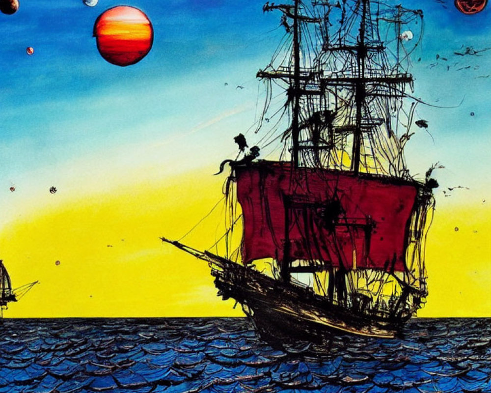 Colorful illustration: ships on blue ocean, gradient sky with planets, surreal cosmic setting
