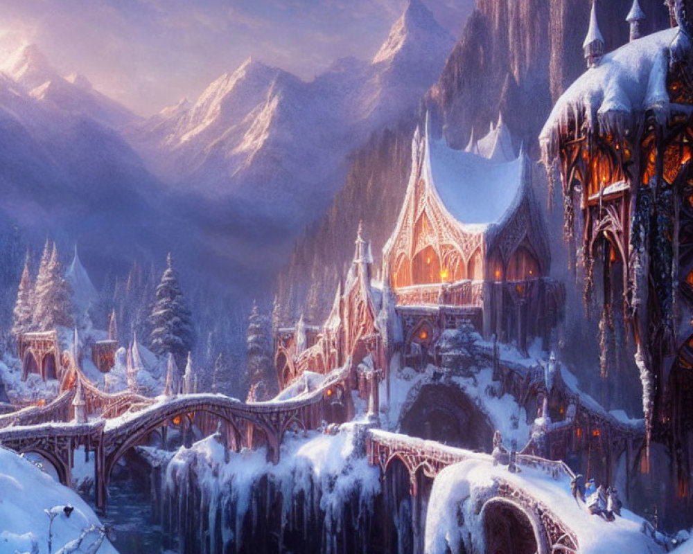 Snow-covered fantasy village with icy bridges and sunlit mountains