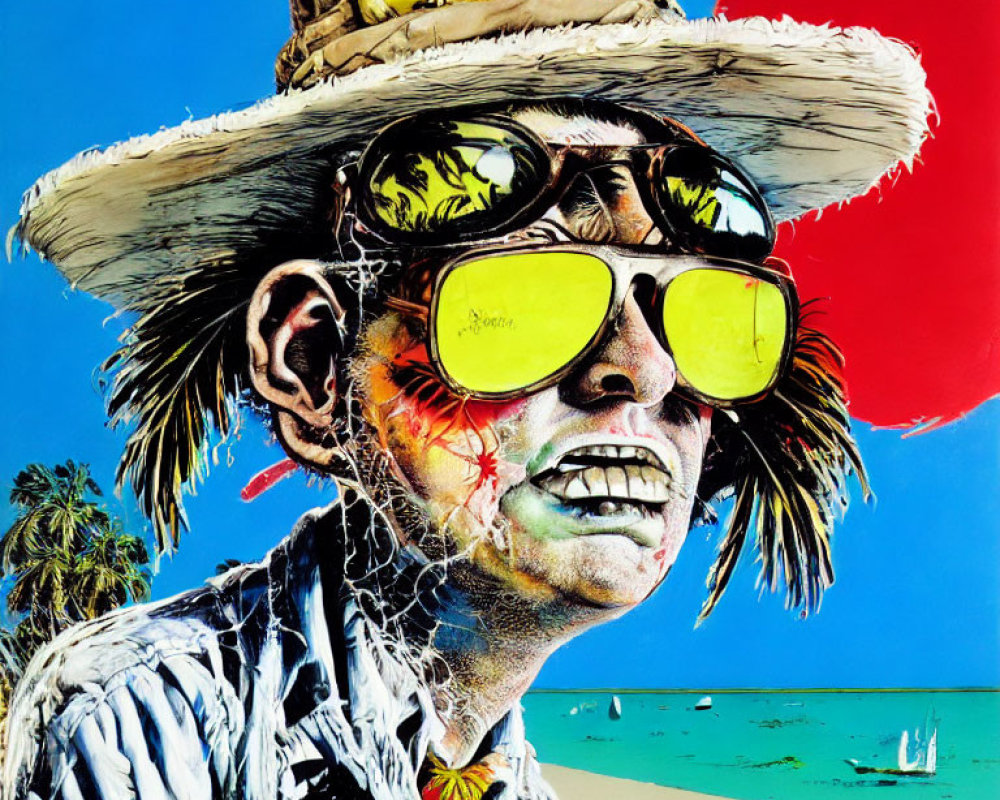 Colorful portrait of a person in sunglasses, hat, and striped shirt by the beach