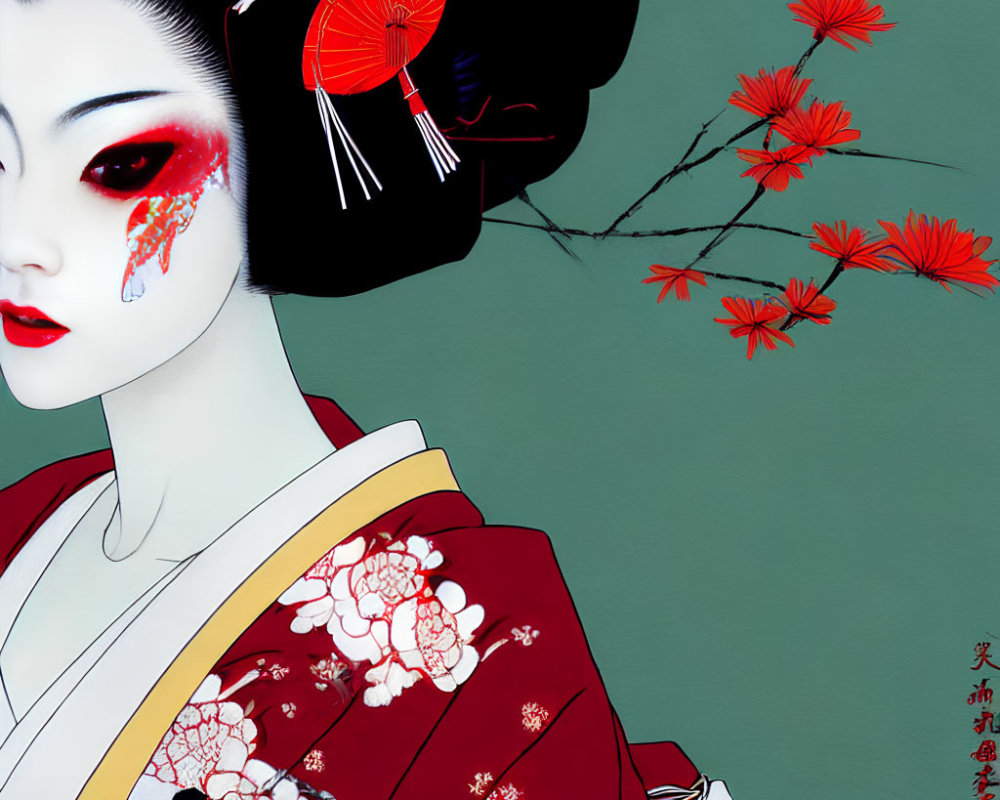 Geisha illustration with white skin, red eyes, vivid makeup, kimono, and floral background.