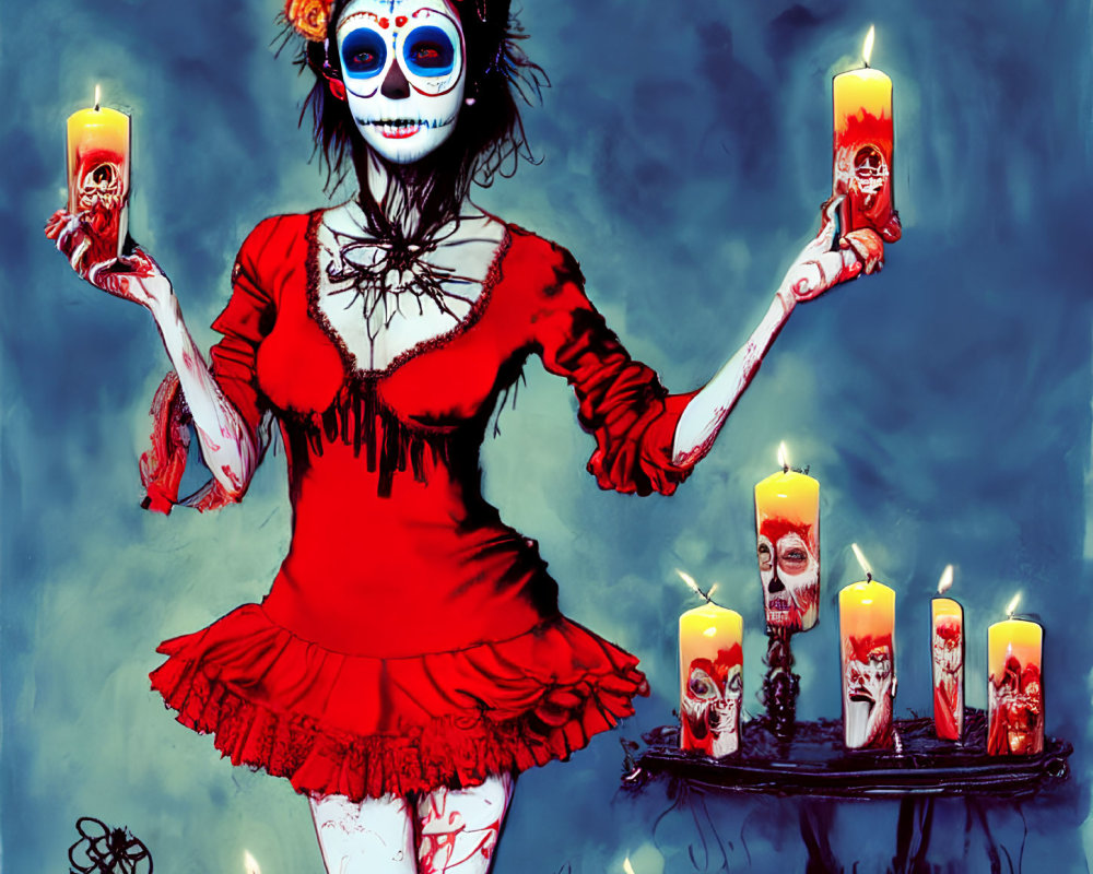 Skull-faced person in red dress surrounded by candles and skull