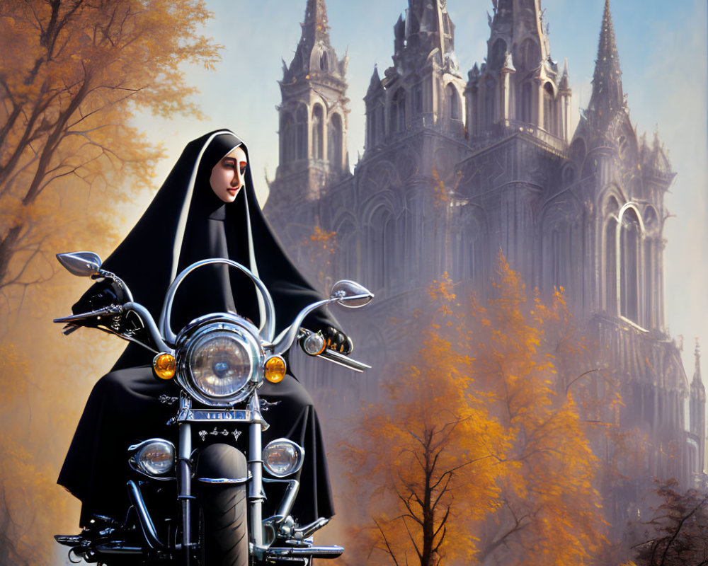 Nun in traditional habit on motorcycle with gothic cathedral and autumn trees