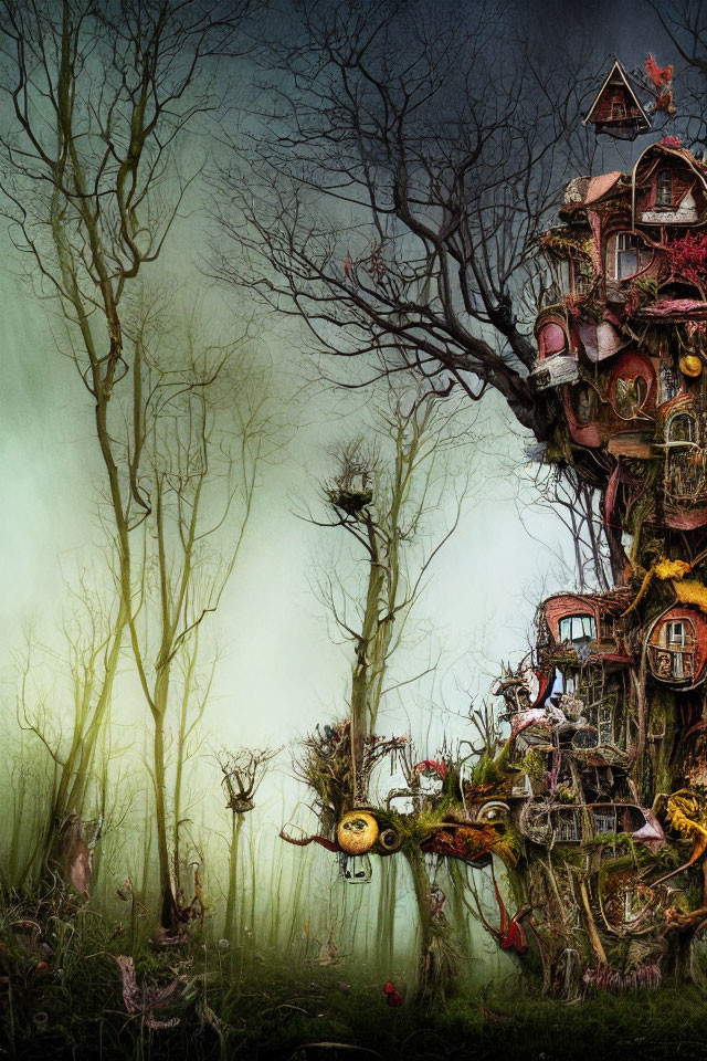 Fantastical treehouse in misty forest with magical details