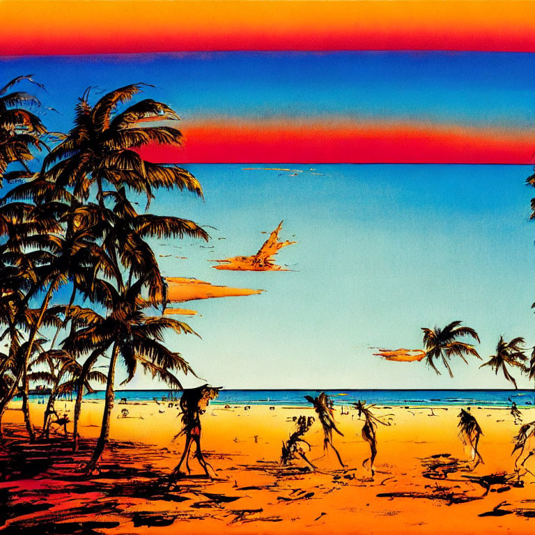 Vivid Tropical Beach Scene with Palm Trees and People