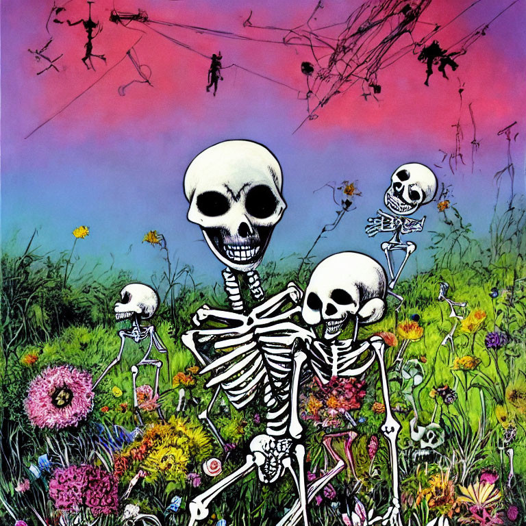 Colorful Skeleton Illustration with Large Head and Flying Skulls in Surreal Landscape