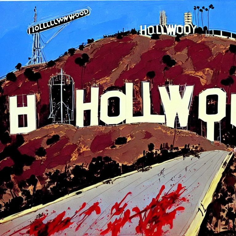 Iconic Hollywood Sign with Red Splotches on Road Illustration
