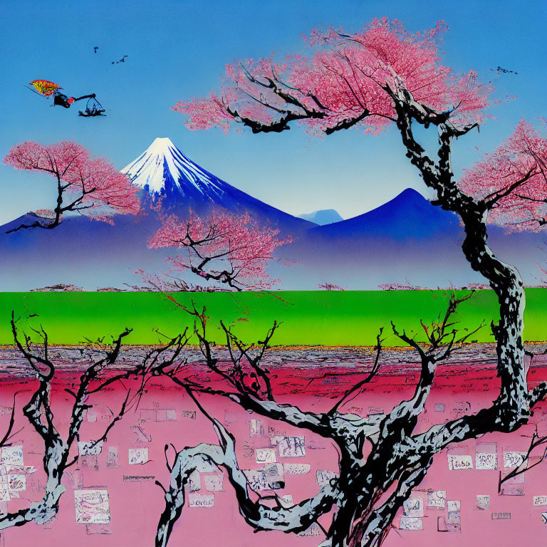 Colorful Mount Fuji Landscape with Cherry Blossoms and Abstract Sky