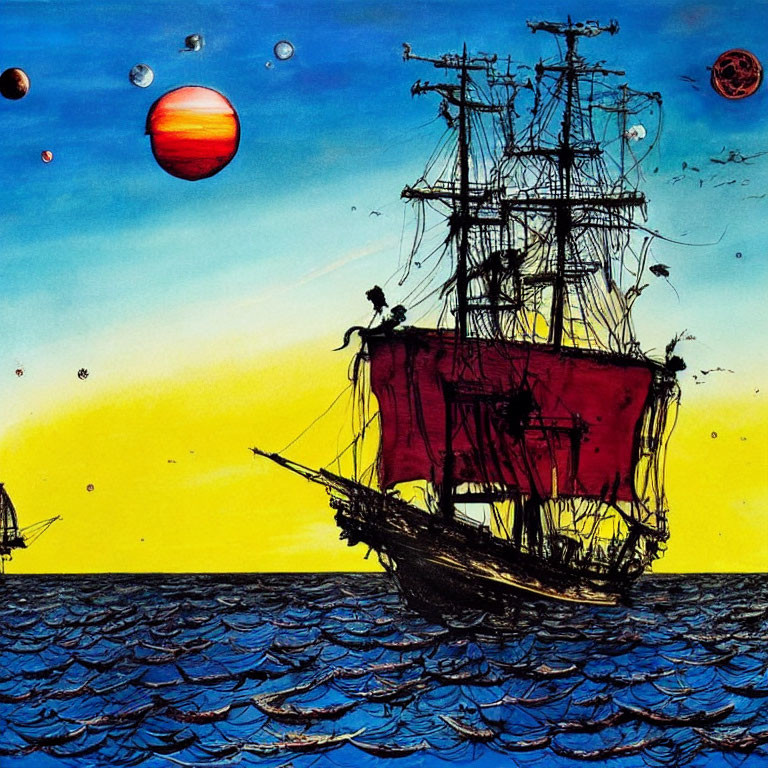 Colorful illustration: ships on blue ocean, gradient sky with planets, surreal cosmic setting