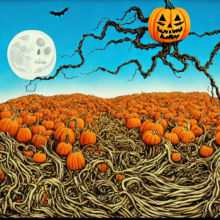 Moonlit Pumpkin Field with Flying Bat and Jack-o'-lantern