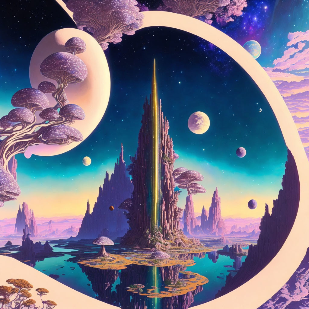 Surreal landscape with towering spire and floating islands in purple sky