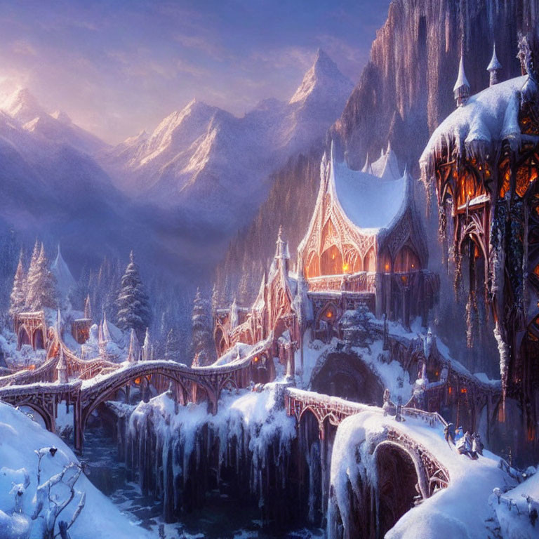 Snow-covered fantasy village with icy bridges and sunlit mountains