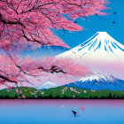 Scenic artwork: Mount Fuji, cherry blossoms, blue lake