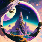 Surreal landscape with towering spire and floating islands in purple sky