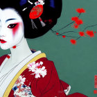 Geisha illustration with white skin, red eyes, vivid makeup, kimono, and floral background.