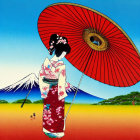 Traditional Japanese Geisha with Red Umbrella, Mount Fuji, and Cherry Blossoms