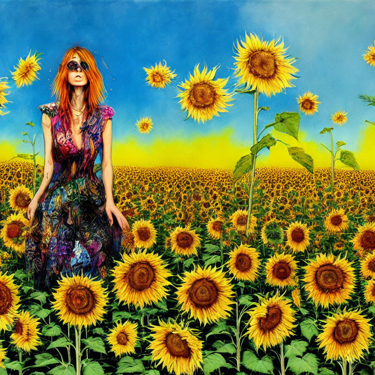 Woman in Colorful Dress Surrounded by Sunflowers