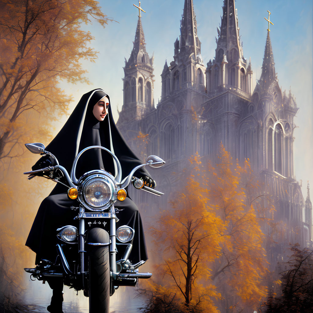 Nun in traditional habit on motorcycle with gothic cathedral and autumn trees