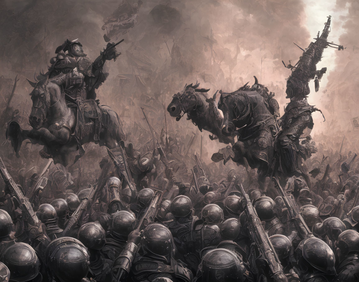 Armored warriors on horseback in chaotic battlefield scene