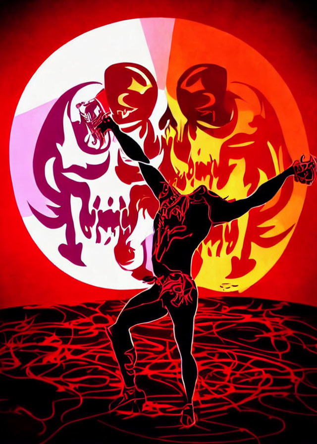 Silhouette of person with outstretched arms against fiery background with menacing faces