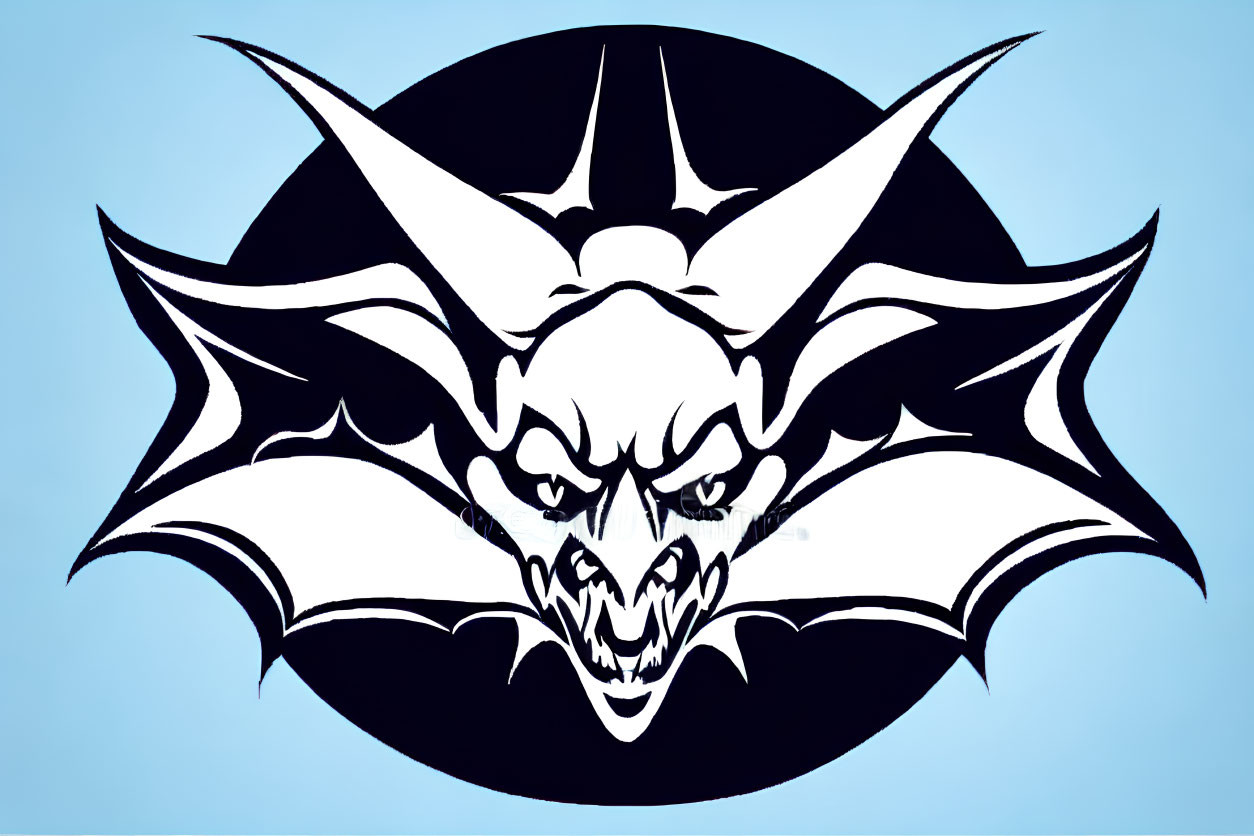Monochrome bat illustration with fierce facial features and spread wings on blue background