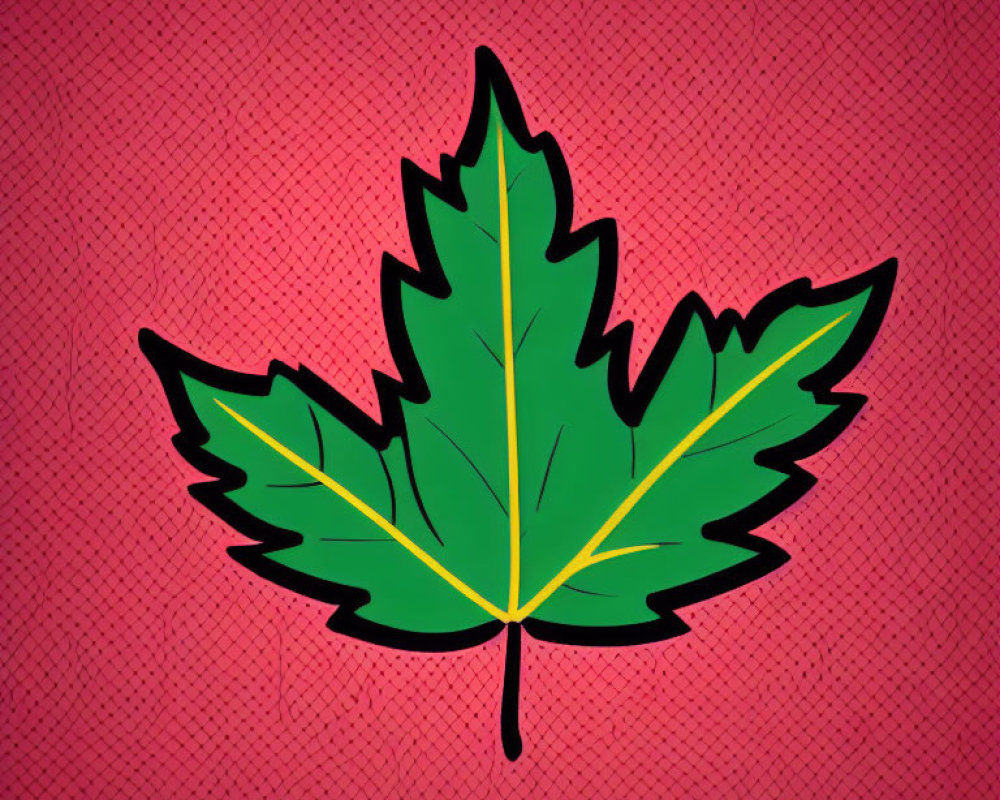 Green Maple Leaf on Textured Red Background