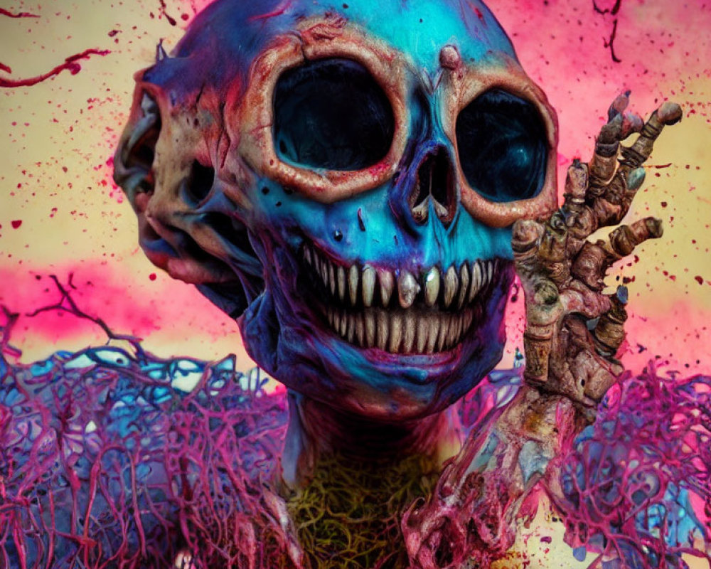 Colorful skull with wide grin and branch-like structure on neon splattered background