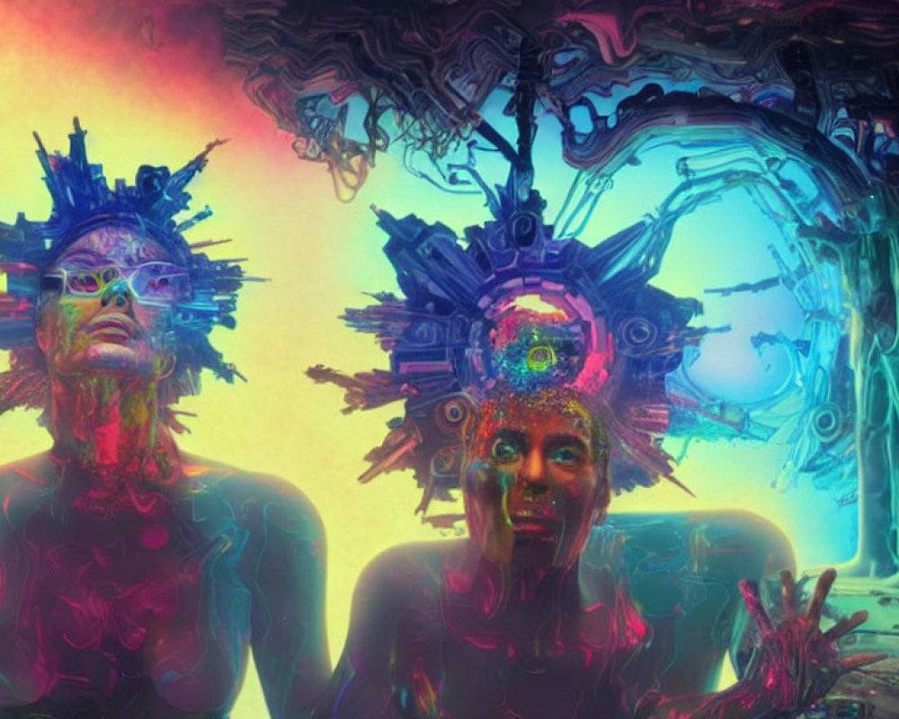 Colorful digital artwork: humanoid figures with elaborate headpieces in psychedelic setting.