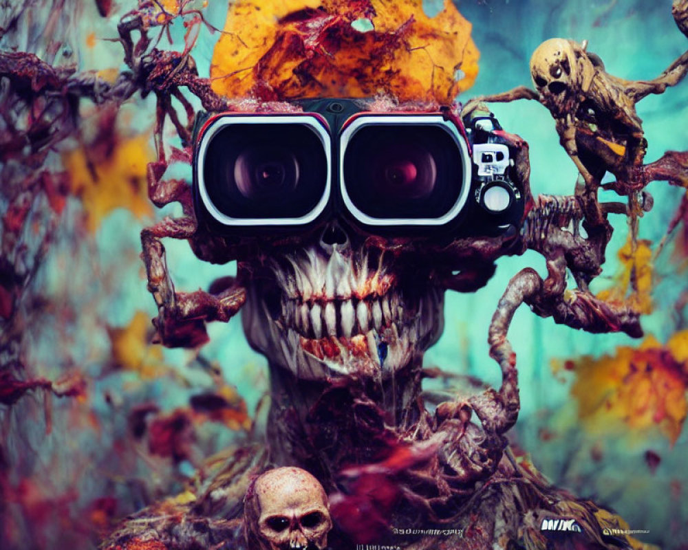 Skull-faced fantasy figure with binoculars in spooky forest scene