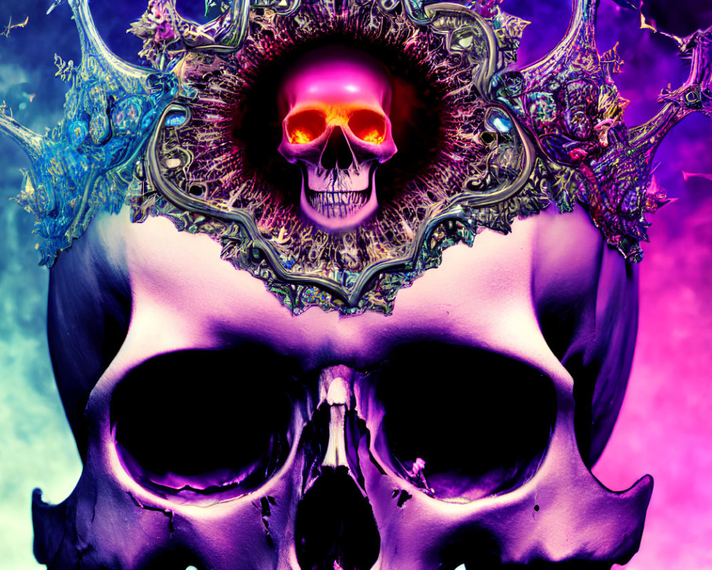 Colorful digital artwork: Large skull on neon backdrop with intricate frame.