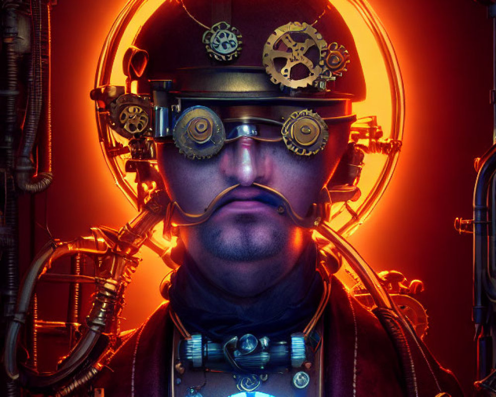 Steampunk man with glowing blue chest device and gear mechanisms on red backdrop