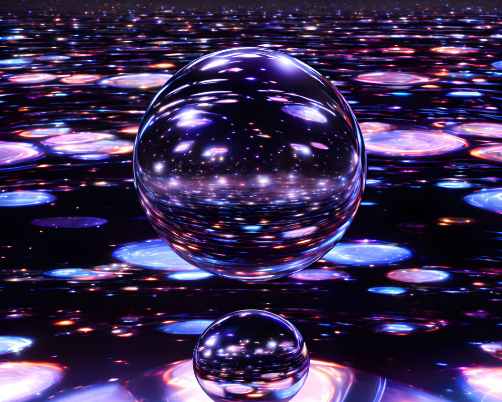 Reflective Sphere Hovering Over Multicolored Circles on Dark Background