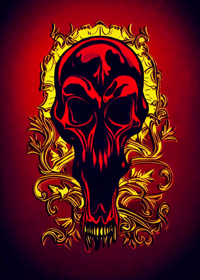 Stylized skull with red and black shading on ornate golden floral background
