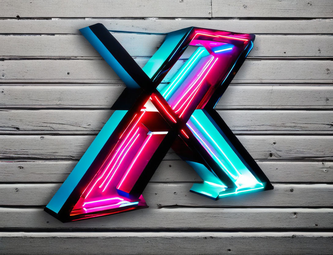 Vibrant Neon X Sign on White Wooden Wall