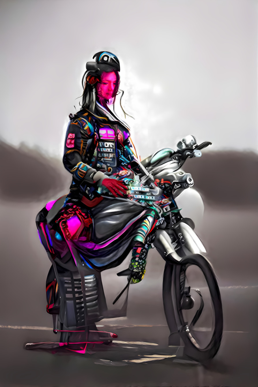 Cyberpunk samurai woman on a motorcycle 