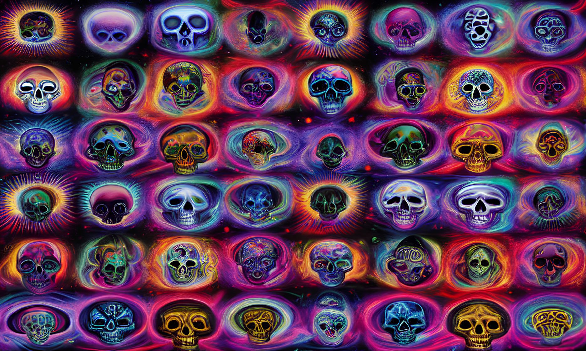 Psychedelic neon skulls with patterns on dark background