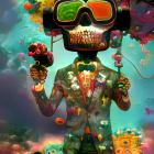 Surreal 3D Skeleton in Suit with Chaotic Background