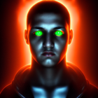 Portrait of a person with glowing green eyes and neon orange halo on dark background