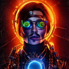 Steampunk man with glowing blue chest device and gear mechanisms on red backdrop