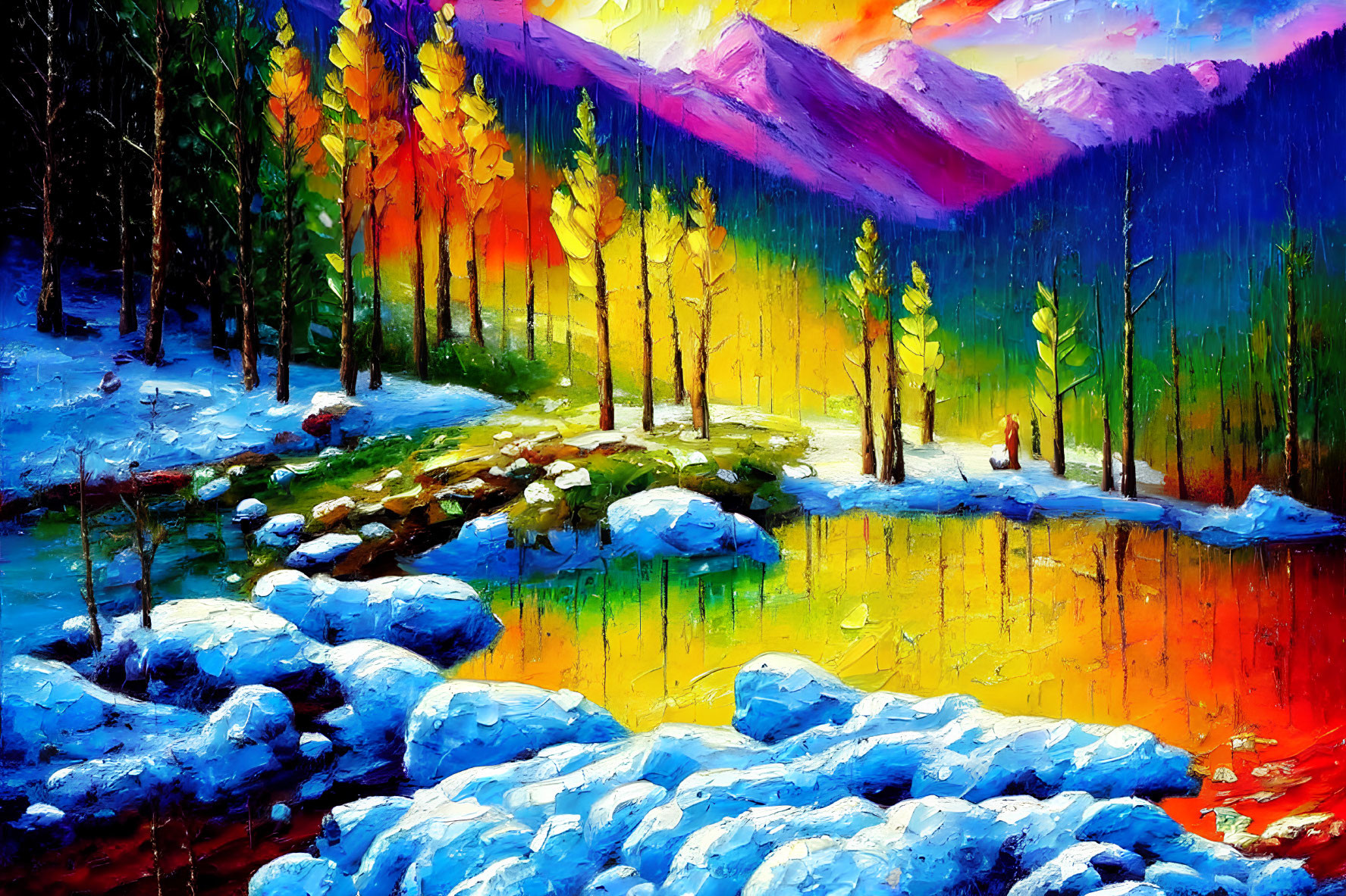 Colorful Autumn Trees Against Snowy Mountains