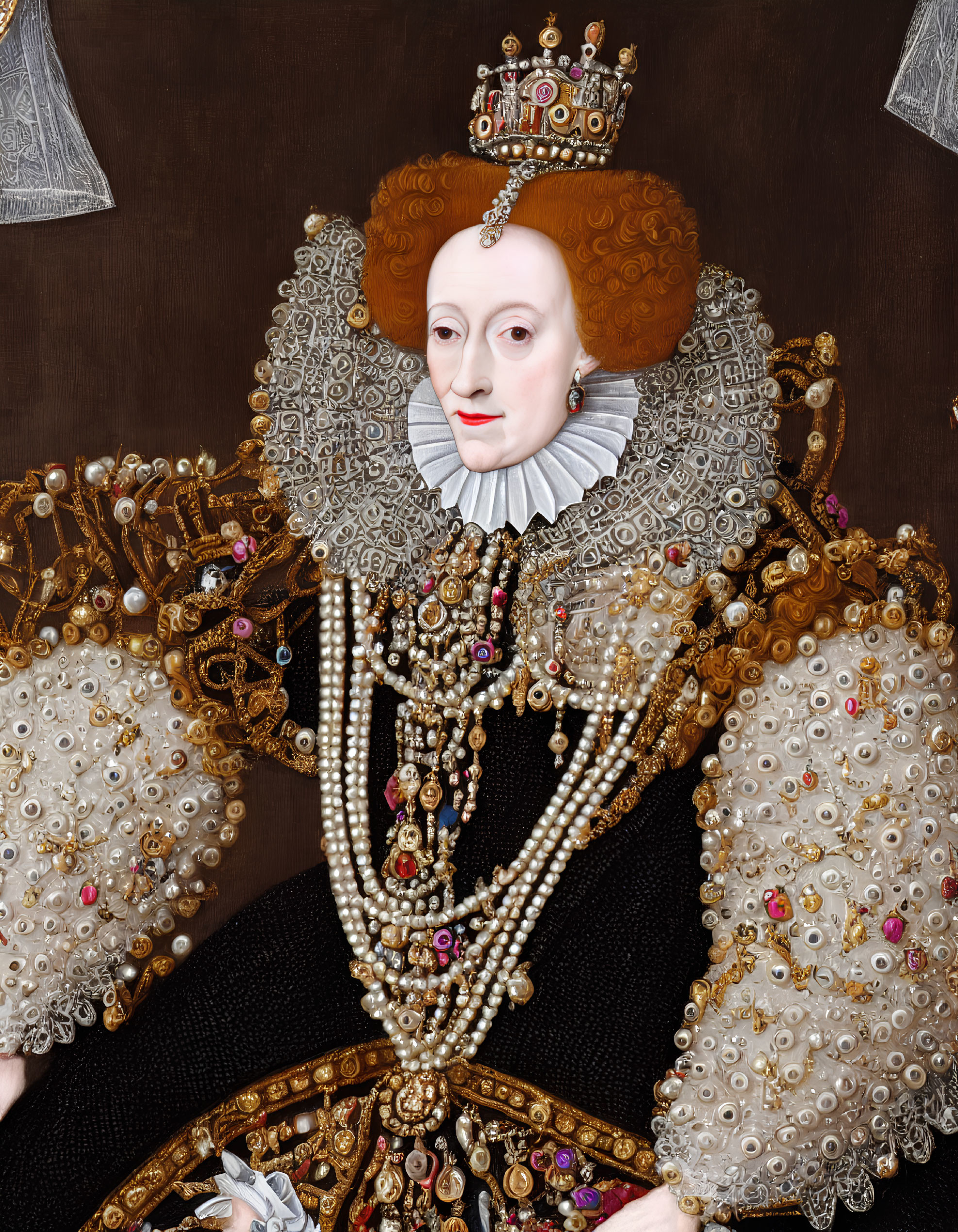Elaborate Elizabethan-era woman portrait in pearls and stones