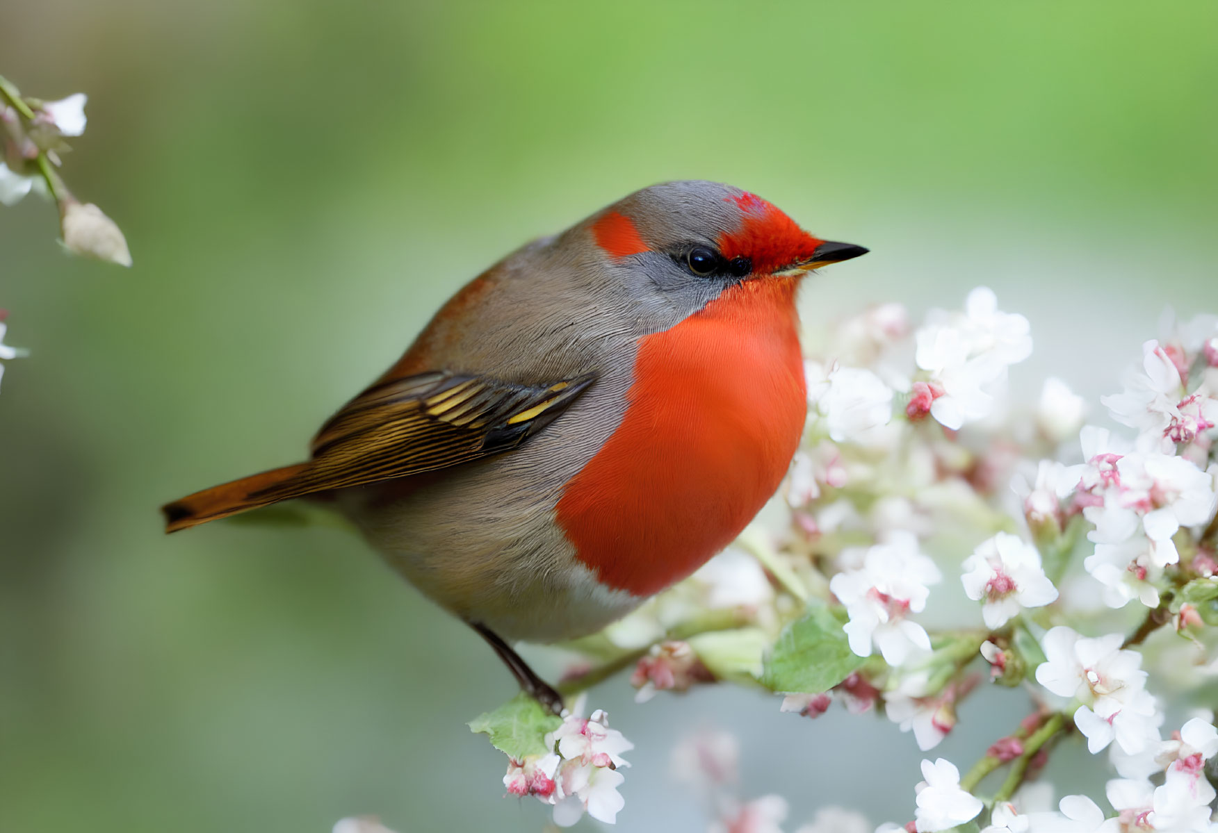 Vivid red and gray bird on branch with white flowers in soft green backdrop