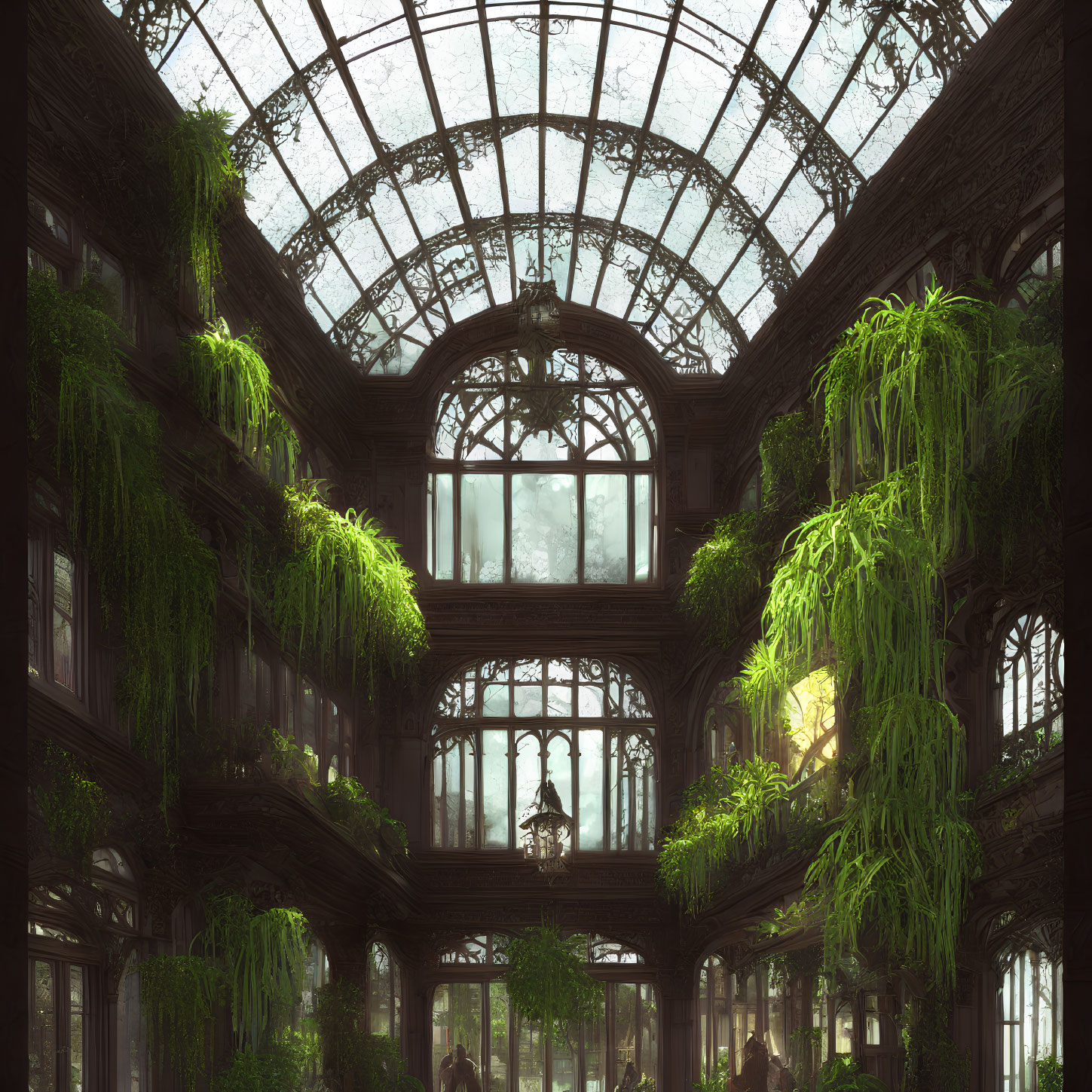 Victorian-themed greenhouse with glass ceiling and lush greenery
