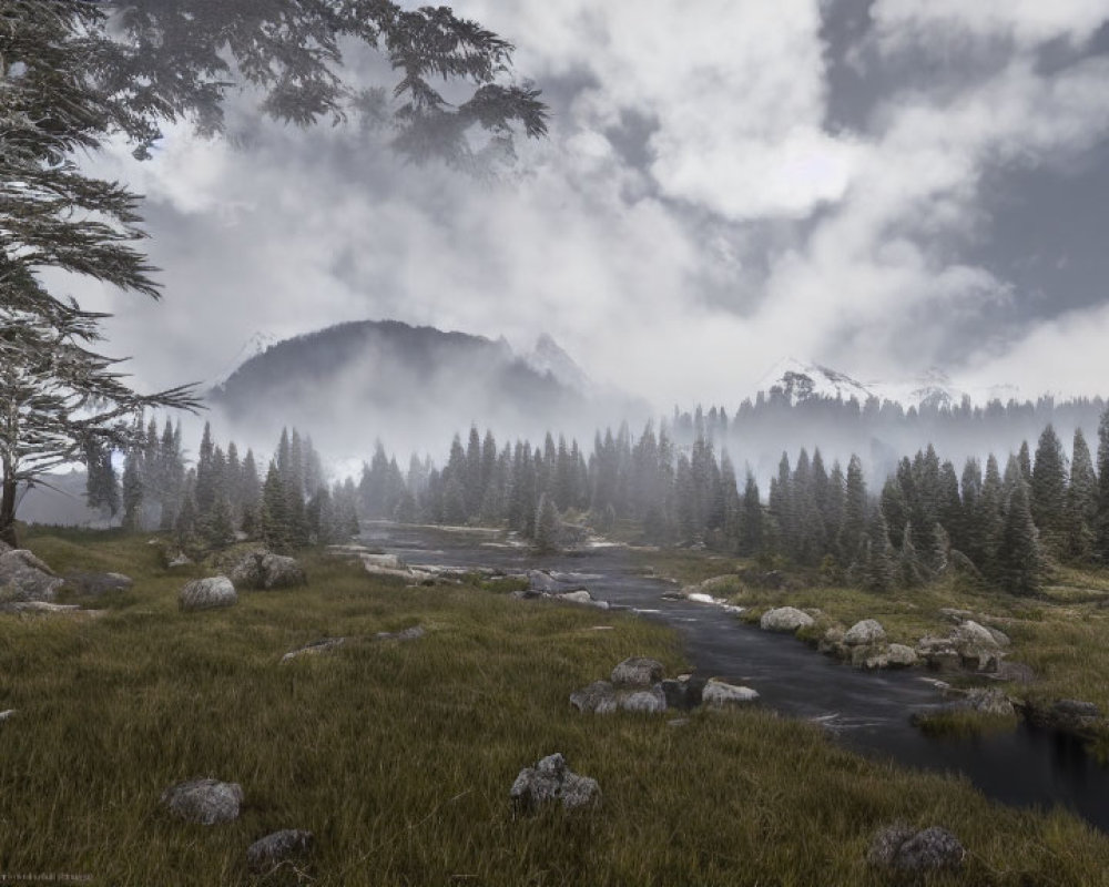 Snowy mountain landscape with mist, stream, and evergreen trees