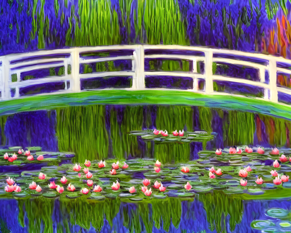 Impressionist-style image of white arched bridge over pond with pink water lilies