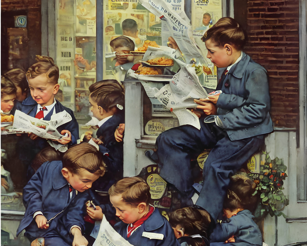 Group of boys in uniforms eating fish and chips outside quaint shop