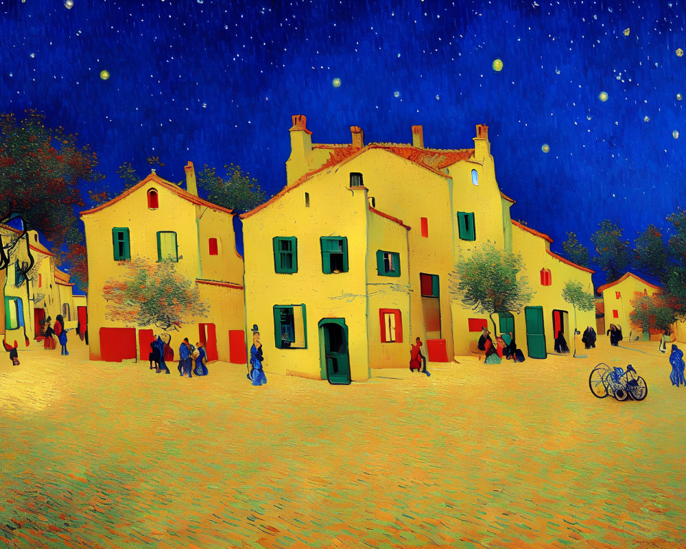 Colorful post-impressionist village scene under starry sky