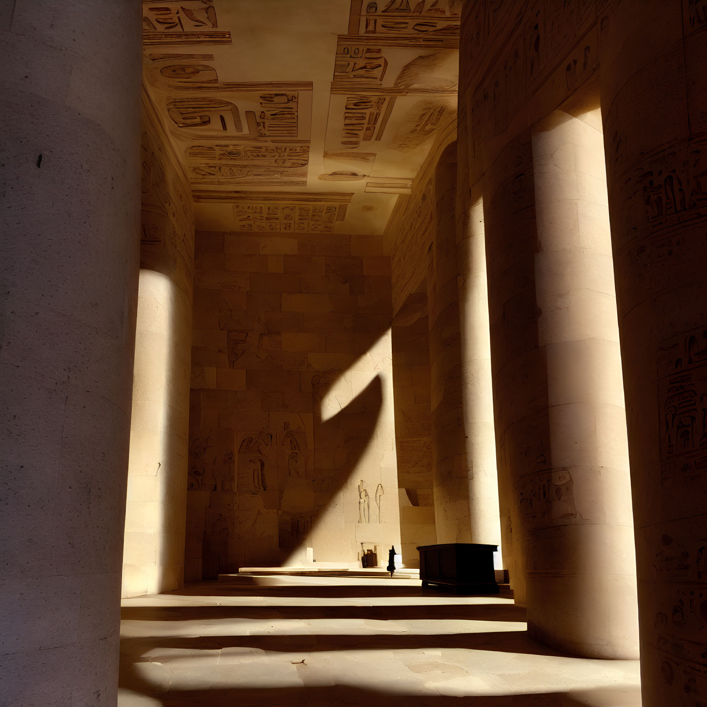 Ancient Egyptian Temple Hallway with Large Stone Pillars & Hieroglyphics