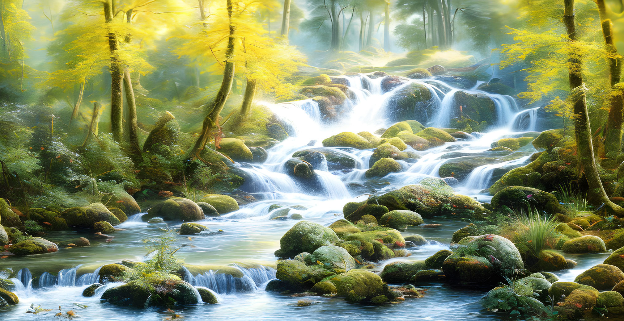 Tranquil waterfall in misty forest with golden trees