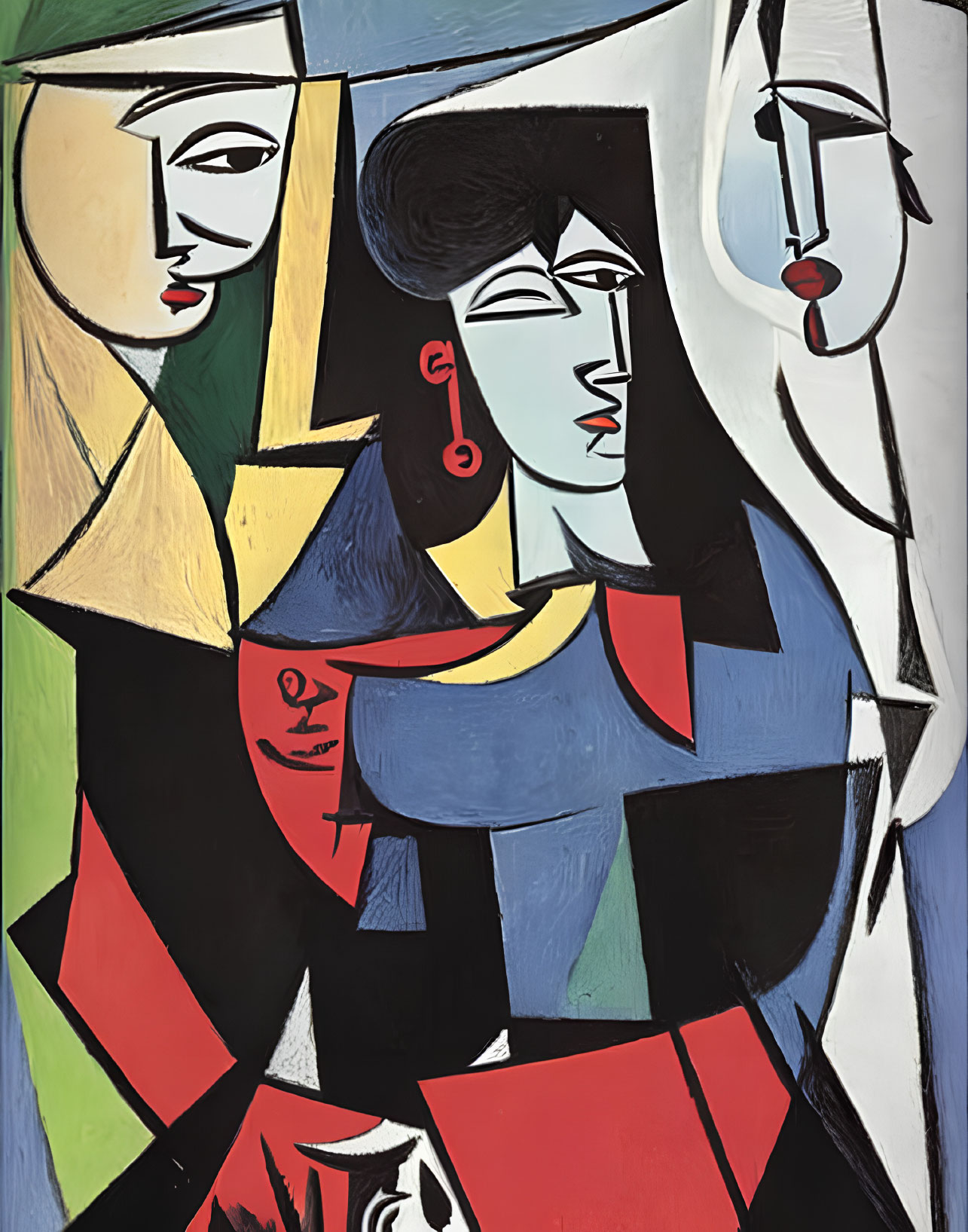 Cubist painting with bold shapes of three figures in black, white, red, and blue.