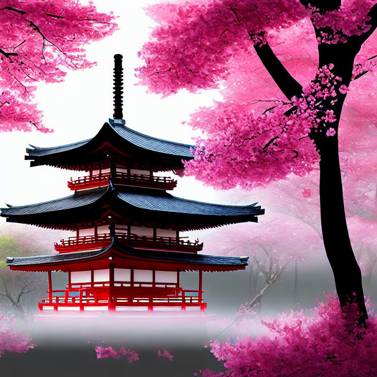 Traditional Japanese Pagoda with Pink Cherry Blossoms and Hazy Sky